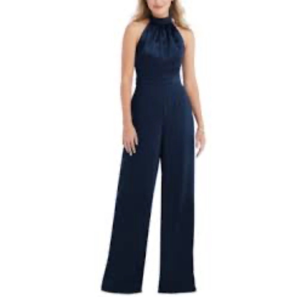 After Six Midnight Navy Satin Halter Wide Leg Jumpsuit 6835S Size 10R